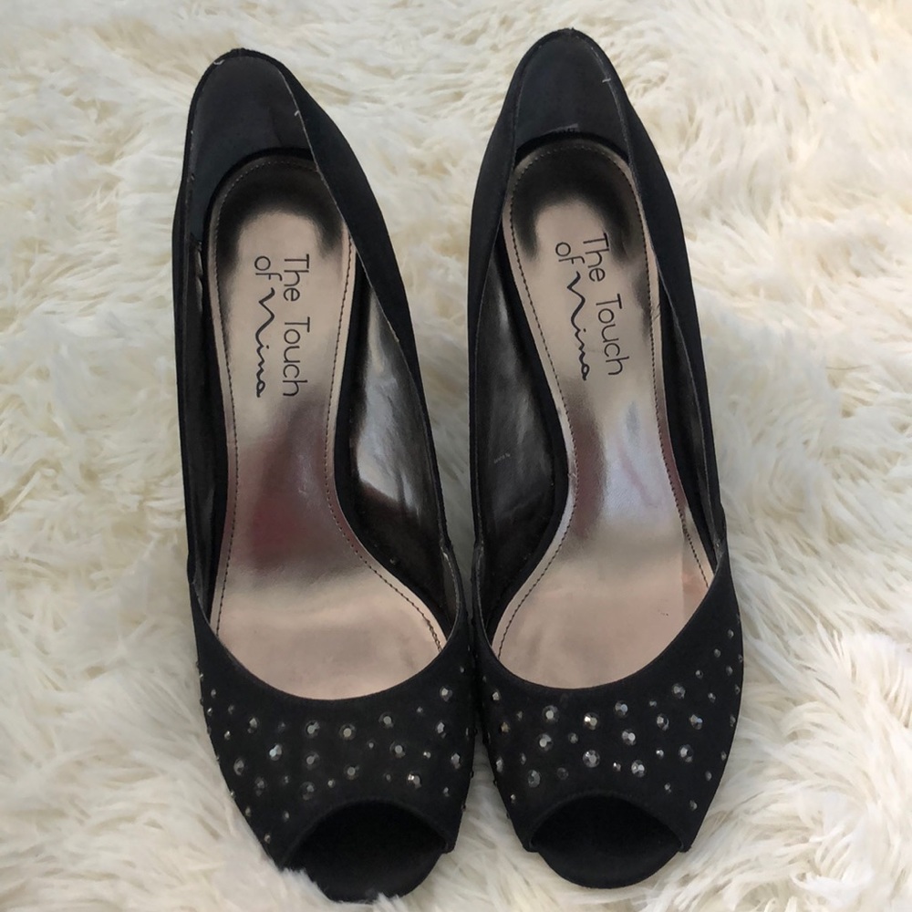 Nina Black silk peek a boo toe with rhinestones.